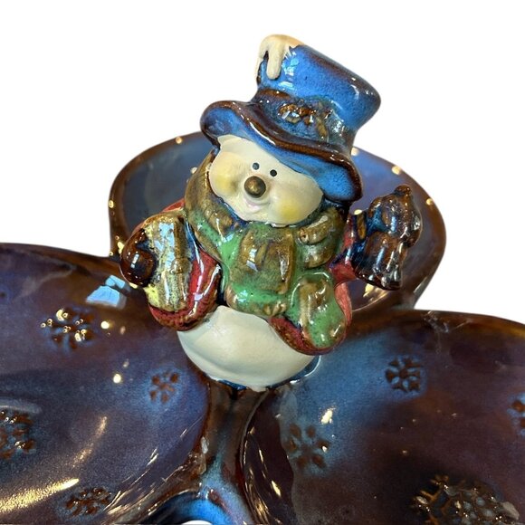 Rustic Blue Brown Ceramic Snowman Candy or Nut Holiday Dish - Picture 4 of 7